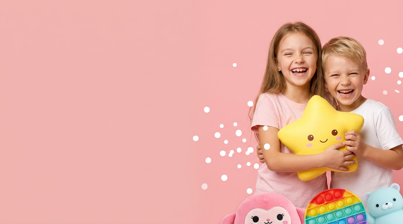 Two laughing kids hugging a yellow star squishy