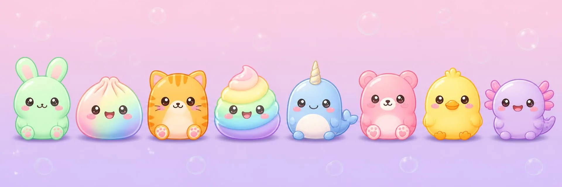 Collecto squishy line-up: bunny, dumpling, cat, rainbow swirl, narwhal, bear, duck and axolotl squishies